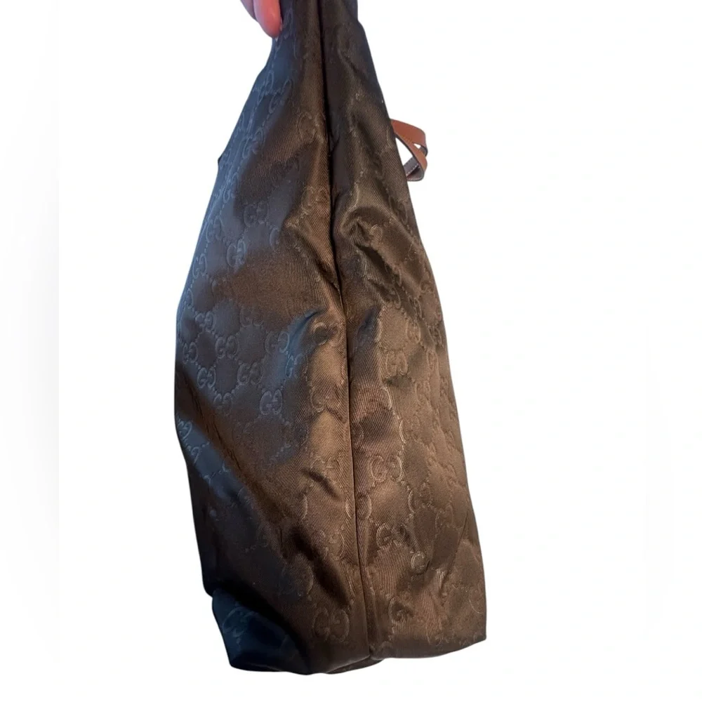 Authentic Gucci Black Nylon Tote Bag with brown leather shoulder straps. - Picture 5 of 12